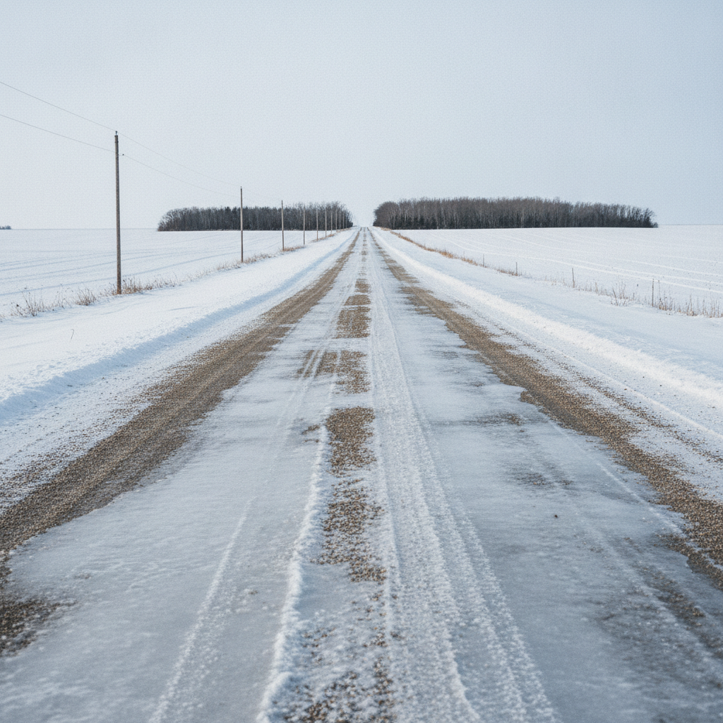 icy gravel grid road with frozen ruts between snowy Manitoba fields in January