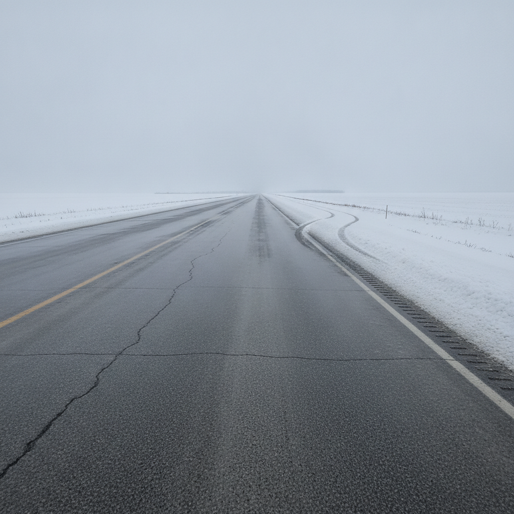 icy Manitoba highway after freezing rain with tire tracks leading into the snowy ditch