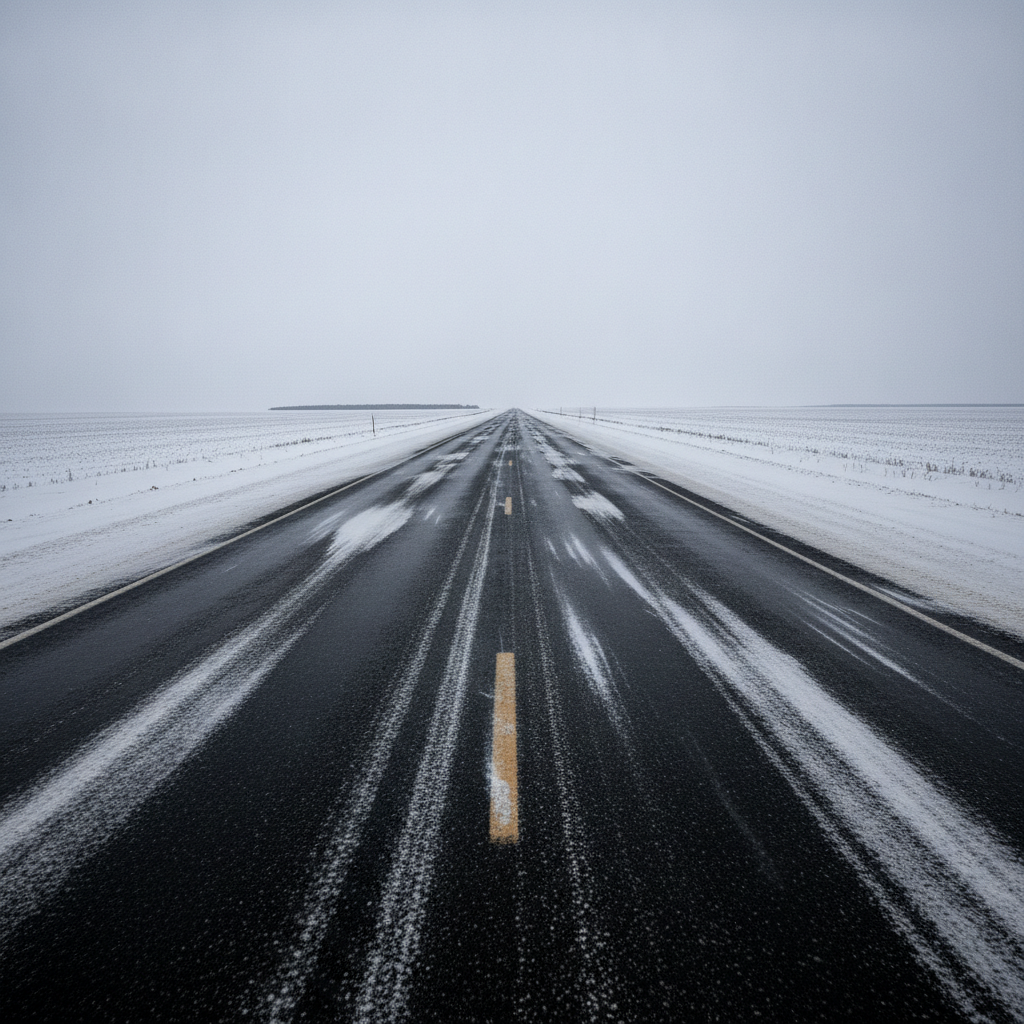 empty two lane Manitoba highway with ice patches and blowing snow
