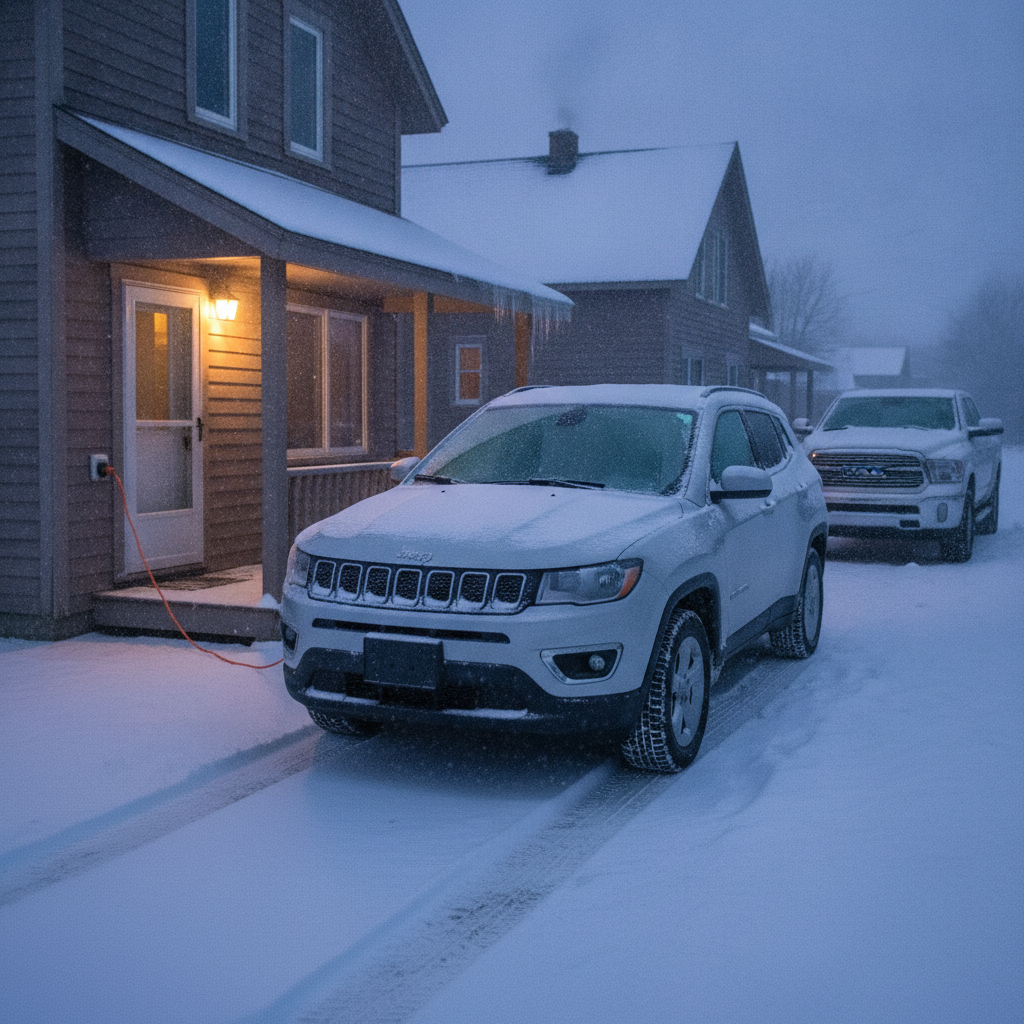 Jeep Compass plugged in on a snowy Manitoba driveway before sunrise