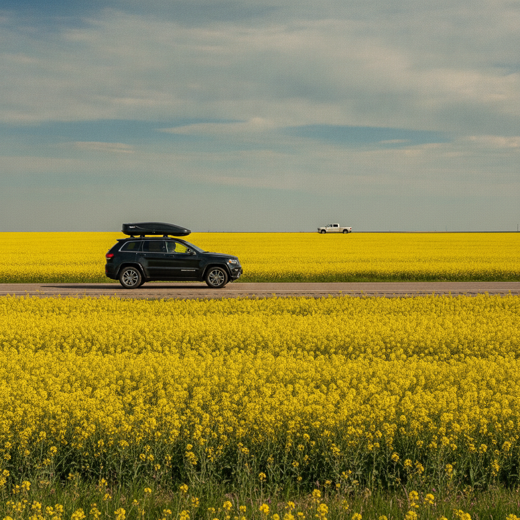 Jeep Grand Cherokee with a rooftop cargo box on a Manitoba prairie highway in summer