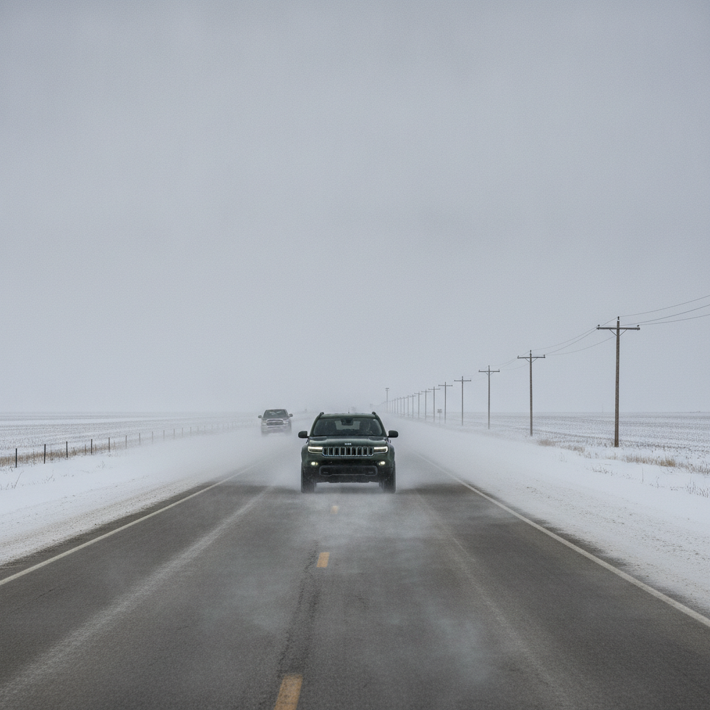 Jeep Recon on a snowy two lane Manitoba highway with blowing snow