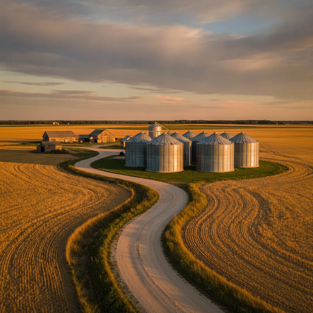 Manitoba farmyard with grain bins and a gravel lane after harvest