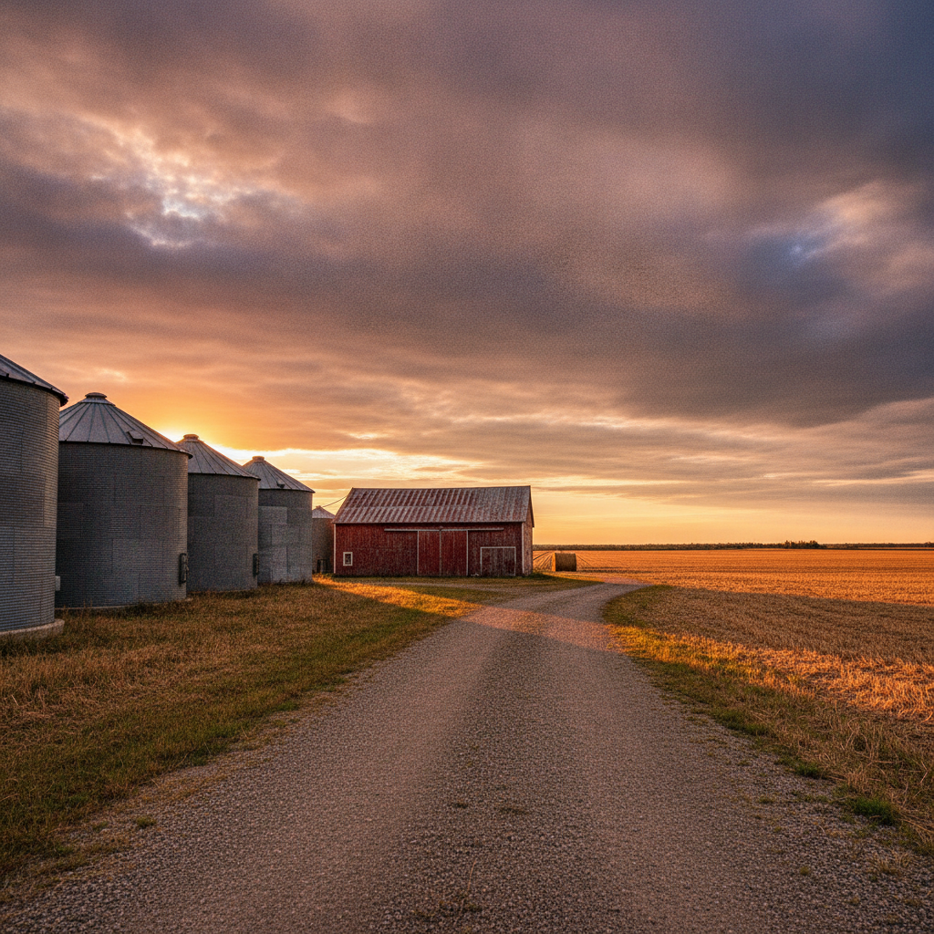 Manitoba farmyard with grain bins and a machine shed at harvest