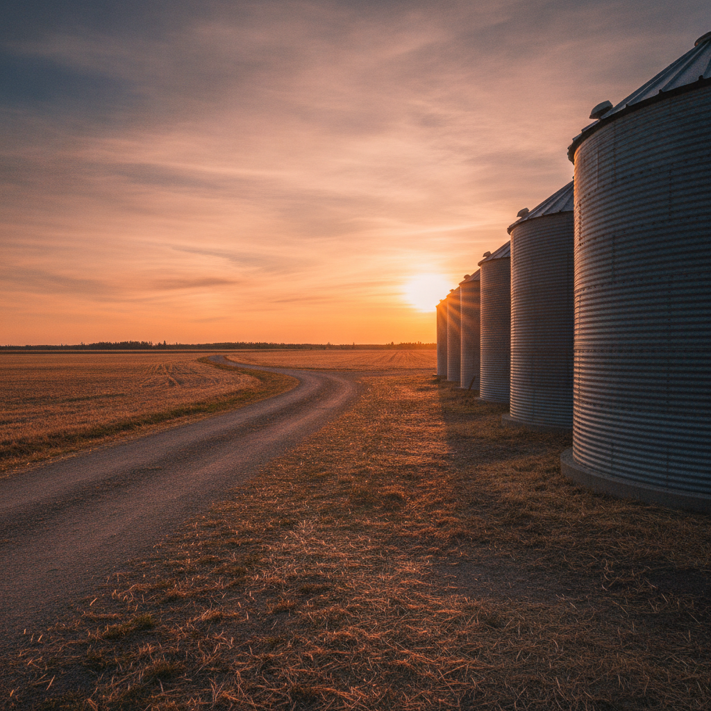 Manitoba farmyard with grain bins and a gravel lane at harvest