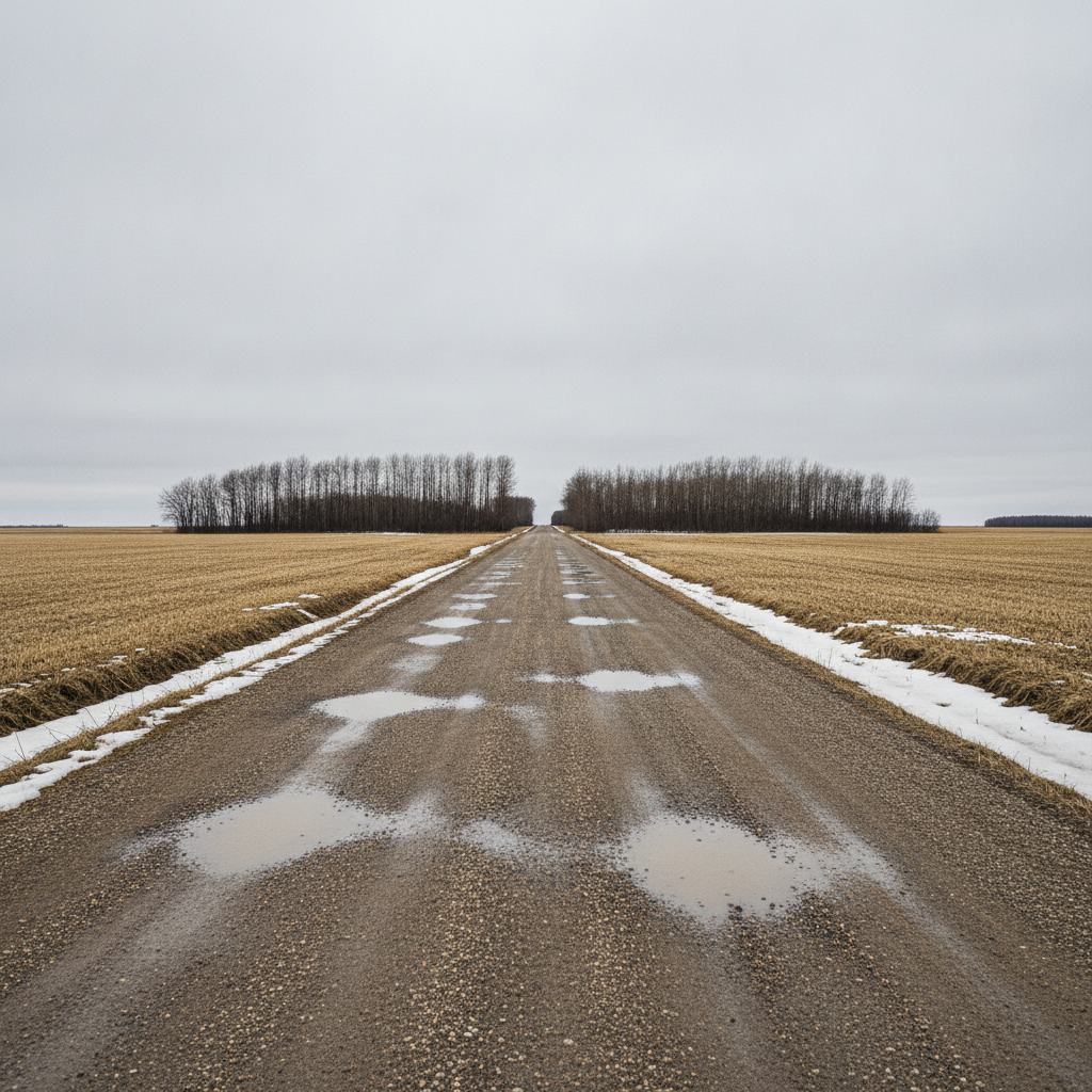 soft gravel grid road between stubble fields in a Manitoba spring thaw