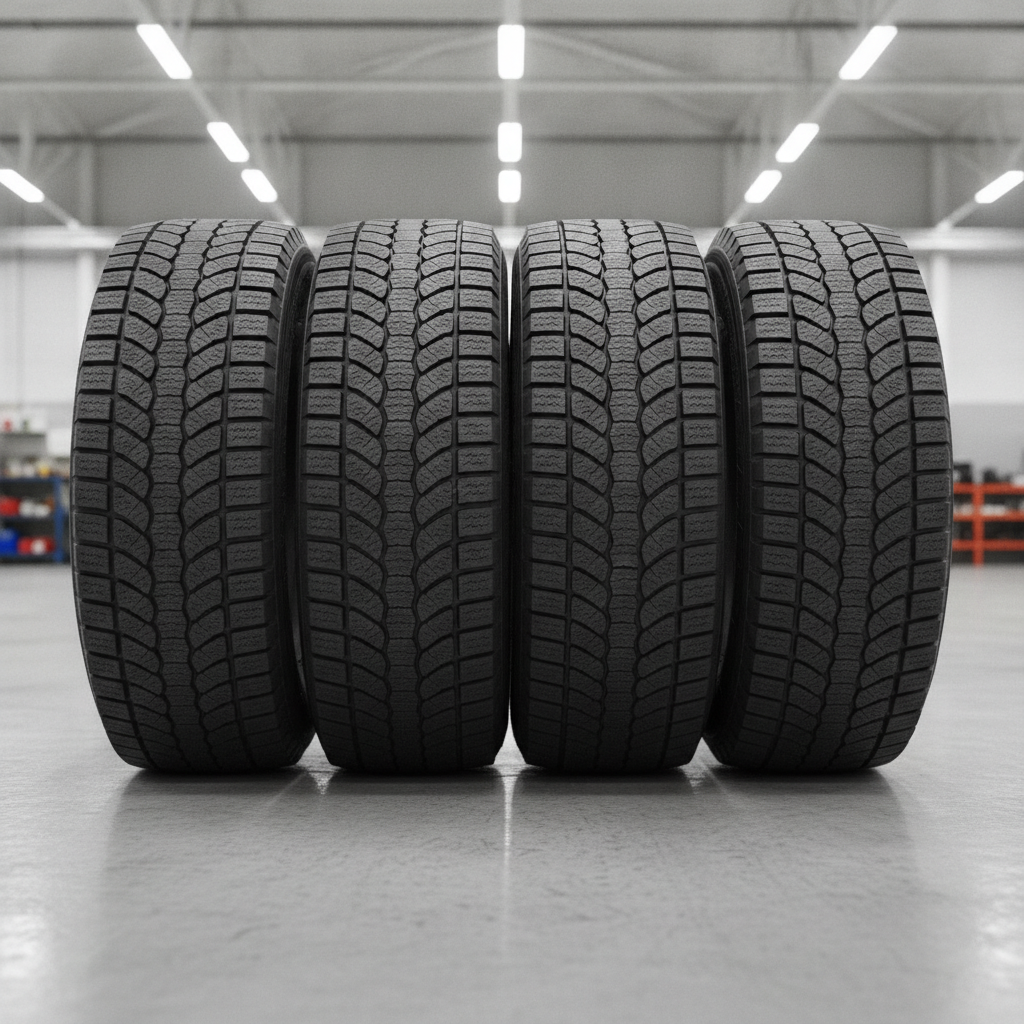 four new winter truck tires standing in a row on a shop floor