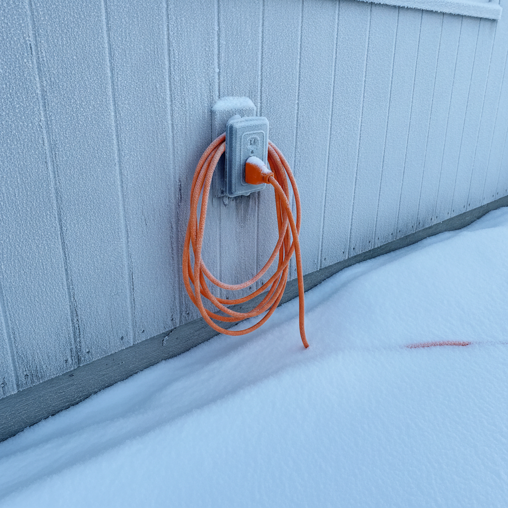 outdoor outlet with an extension cord running into the snow beside a Manitoba house