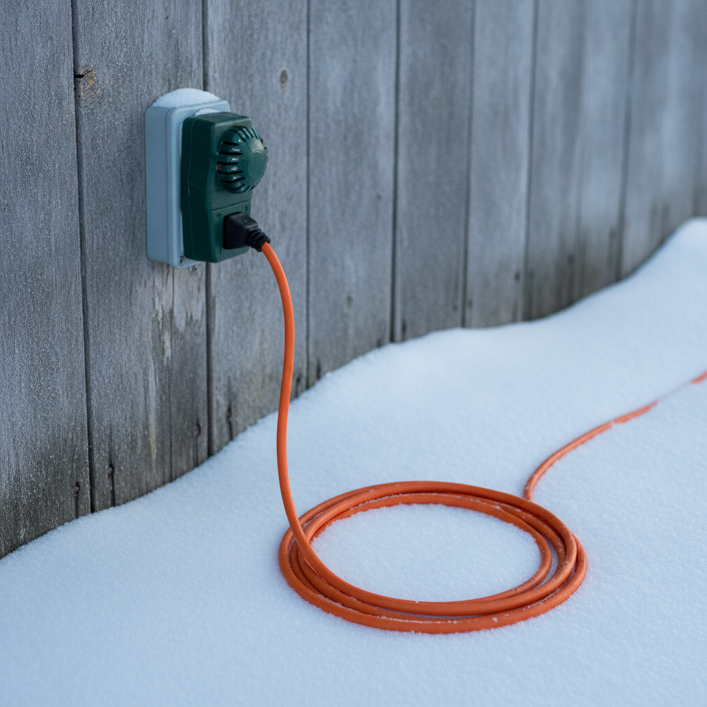 outdoor timer in a weatherproof outlet on a farm shop wall with an extension cord across the snow