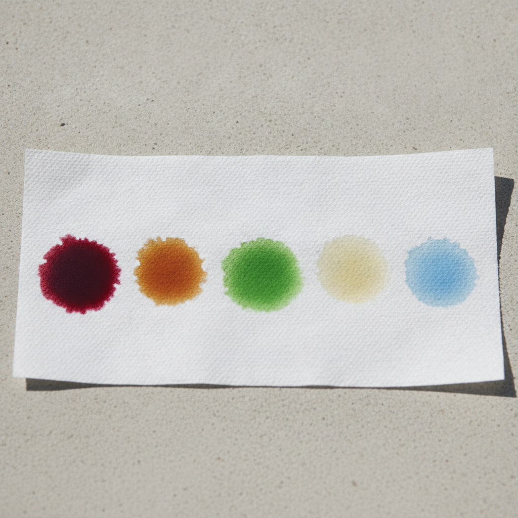 white paper towel with red, brown, green, yellow and blue fluid spots for a leak colour check