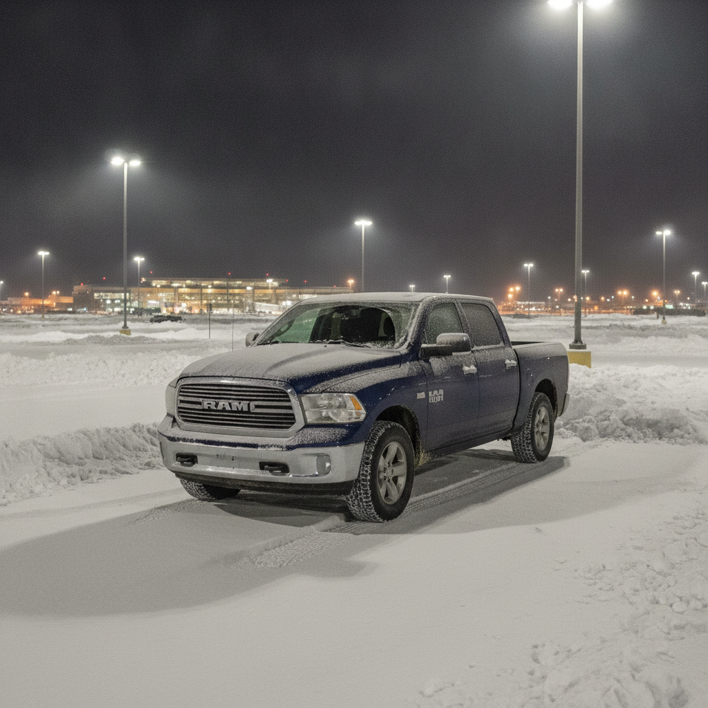 frosted pickup parked in a snowy airport parking lot at night during a cold snap