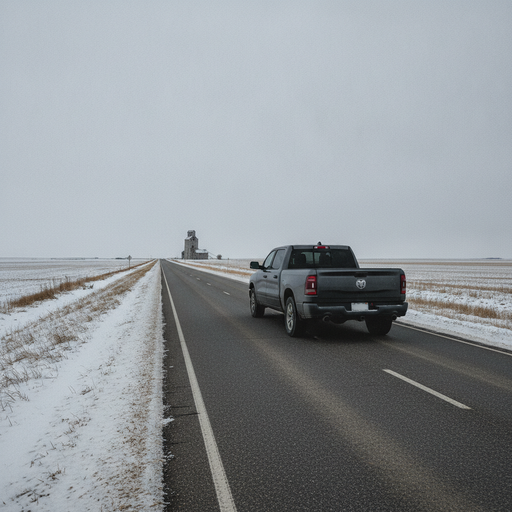 pickup on a prairie highway after the first snowfall with a grain elevator in the distance