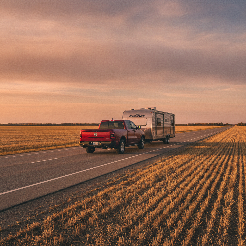 pickup towing a travel trailer on a Manitoba highway past harvested fields