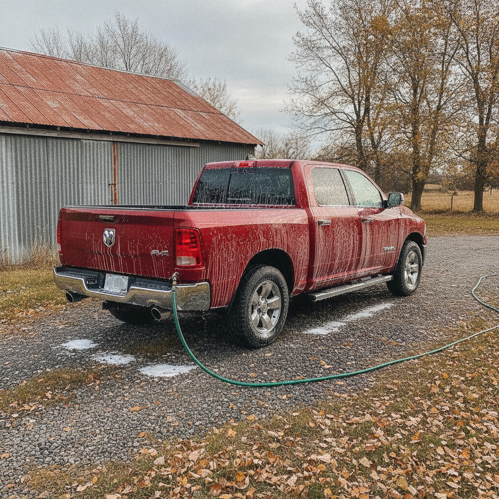 pickup truck being washed in a Manitoba farmyard driveway in autumn