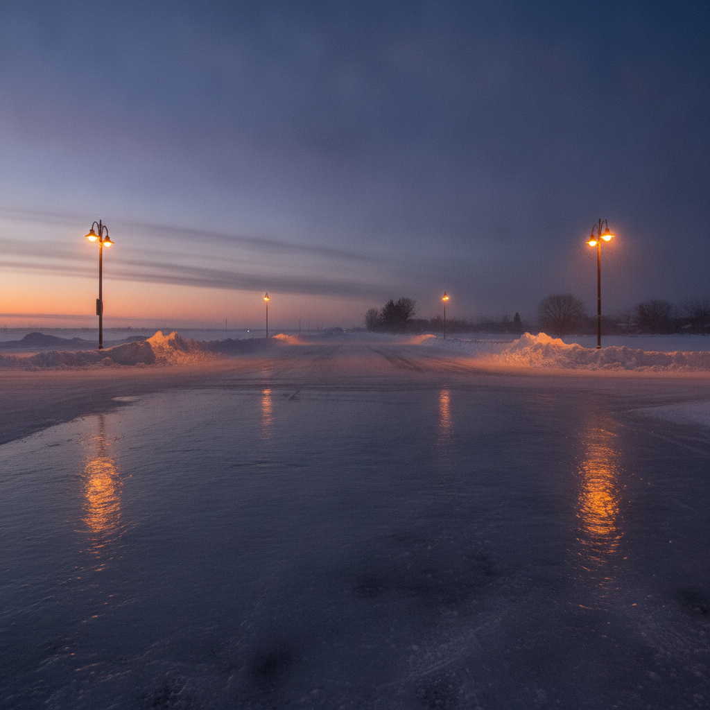 polished ice on an empty prairie town intersection at dusk in winter
