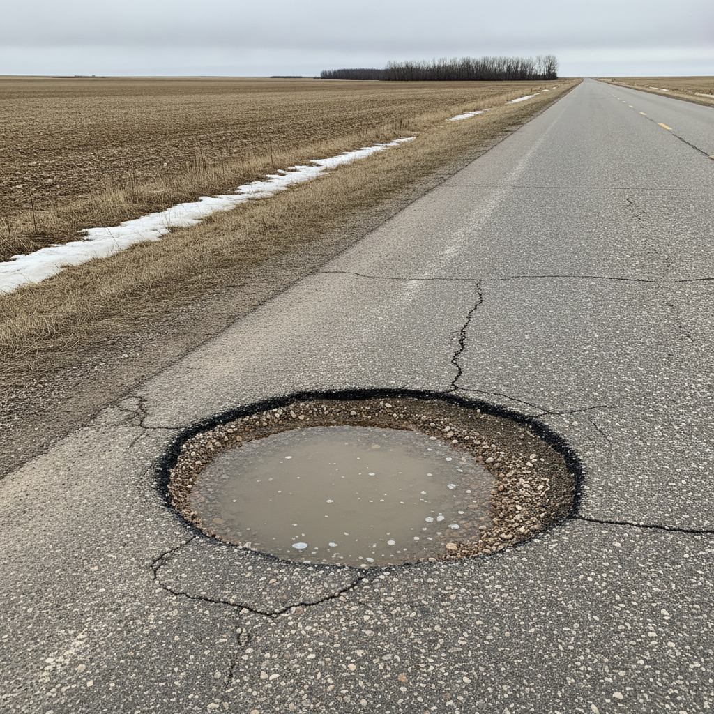 deep pothole on a prairie highway in early spring in Manitoba
