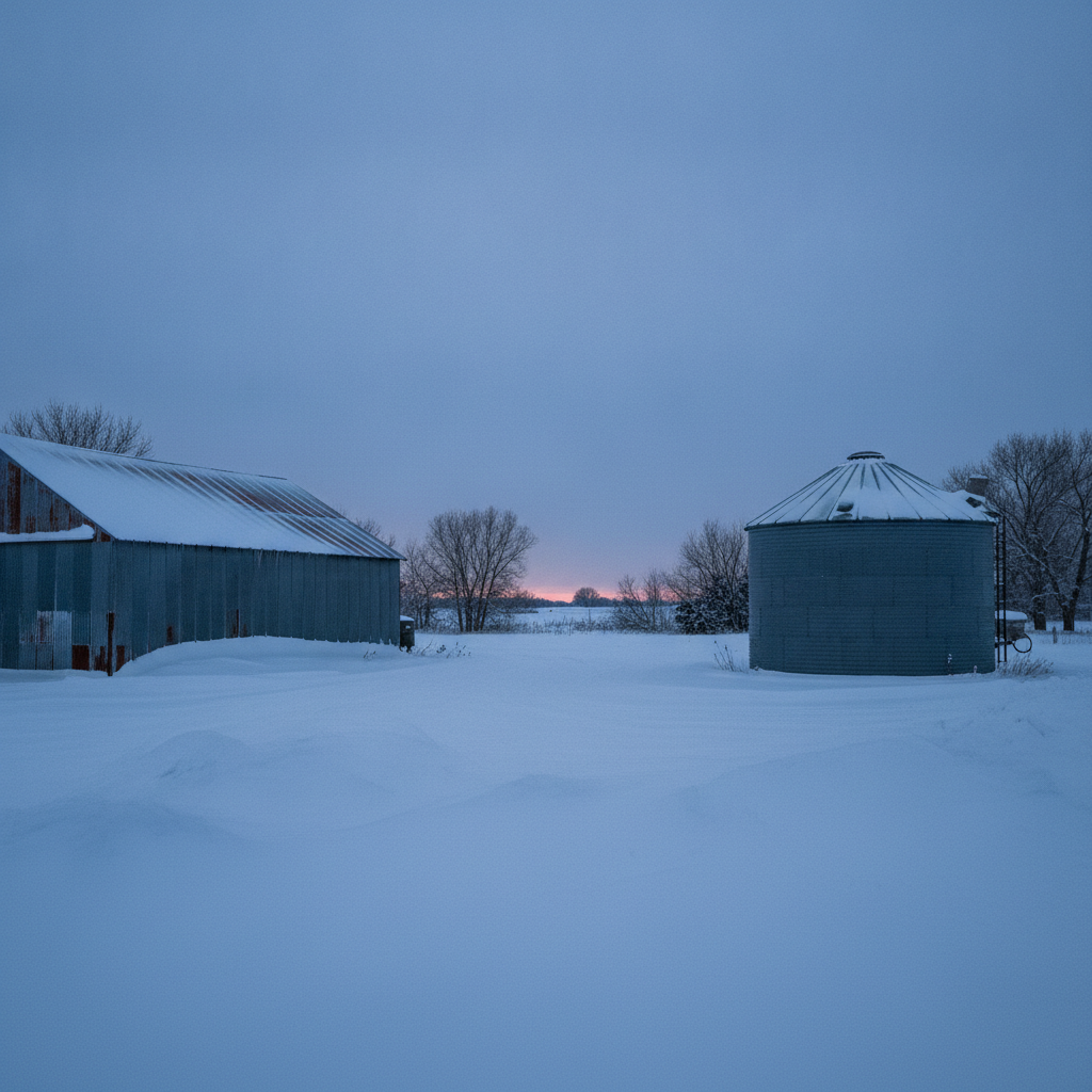 snow covered prairie farmyard with a machine shed and grain bin at dusk