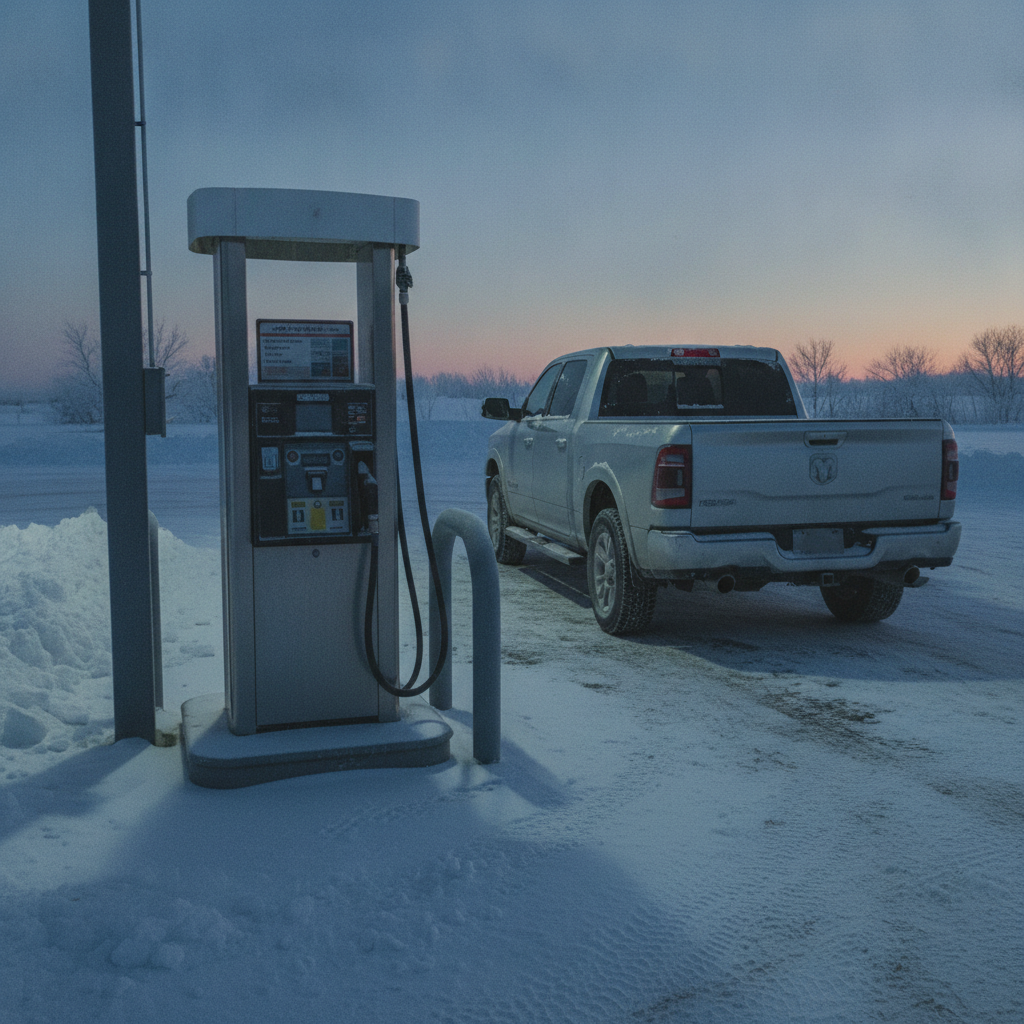 air pump at a small prairie gas station on a cold winter evening with a pickup parked