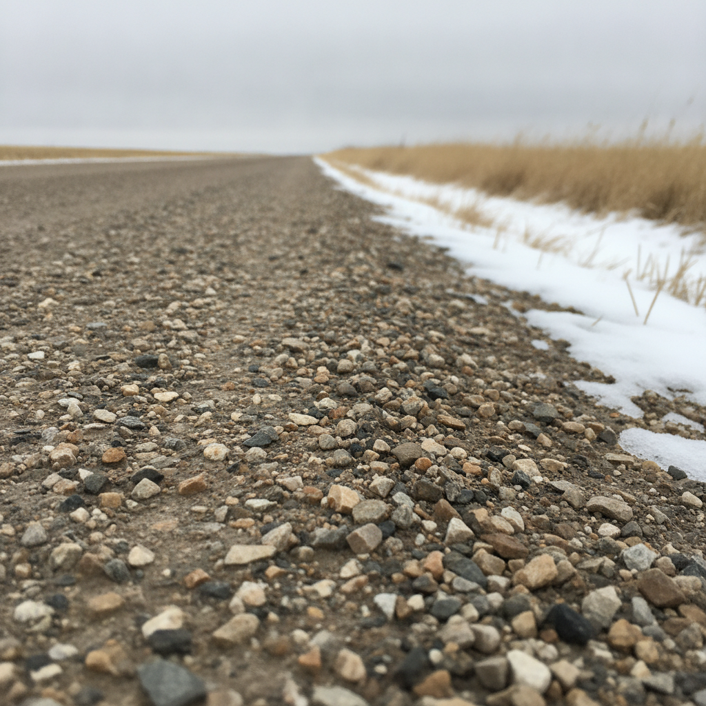 loose gravel on a prairie grid road shoulder in winter