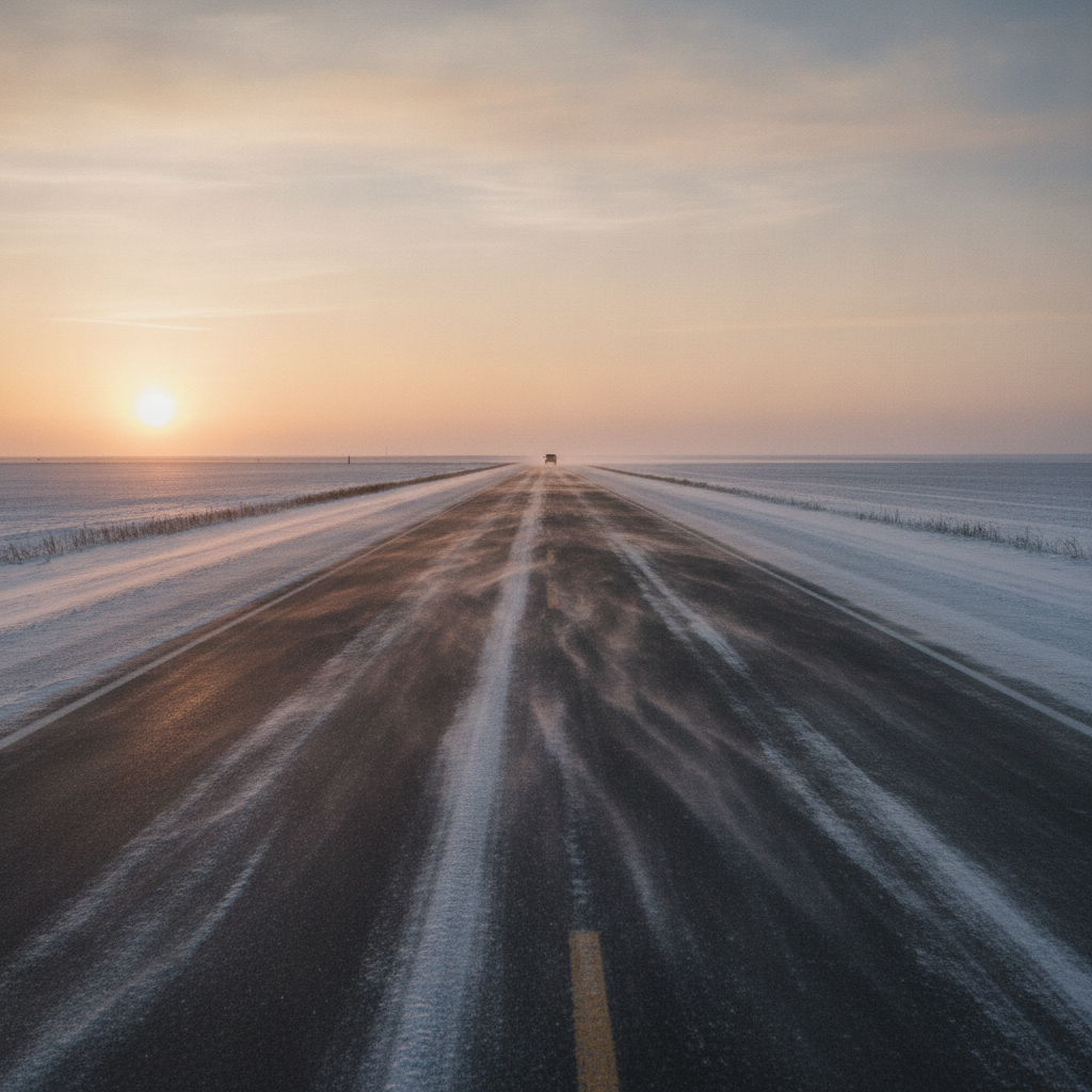 empty Manitoba prairie highway at sunrise with light snow drifting across the pavement