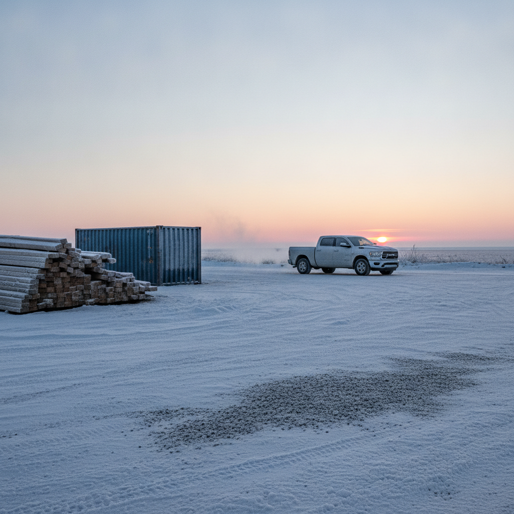 Ram pickup idling at a snowy prairie job site at sunrise
