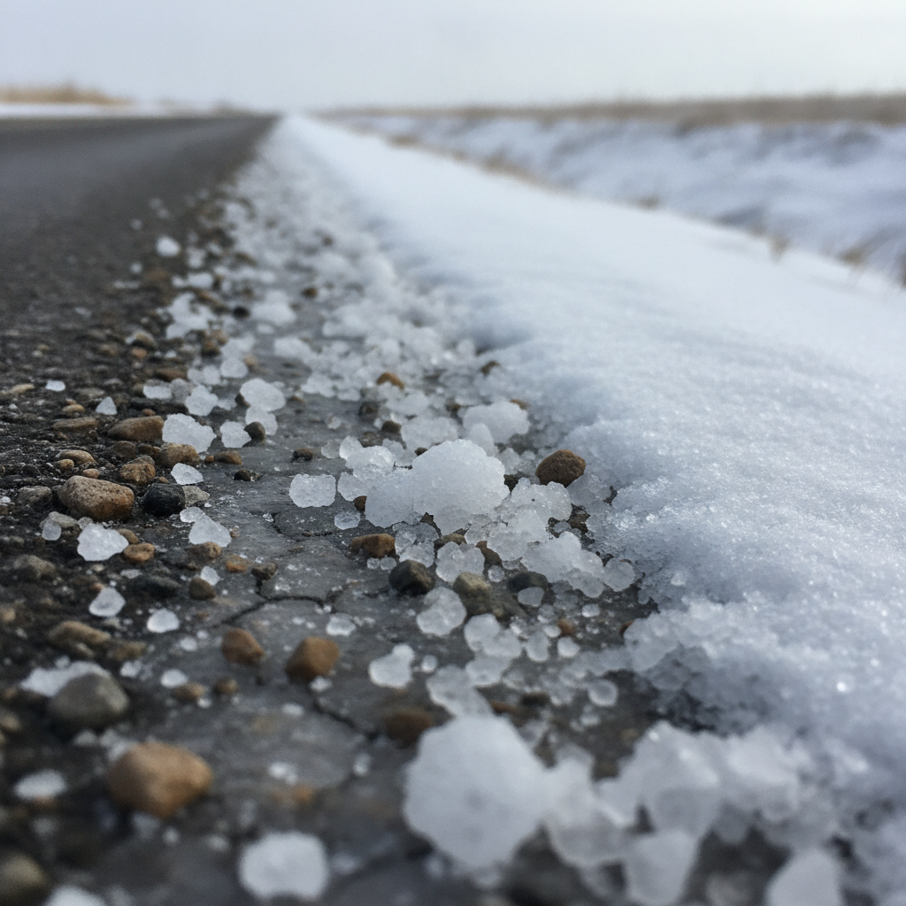 road salt and gravel on a frozen highway shoulder in winter