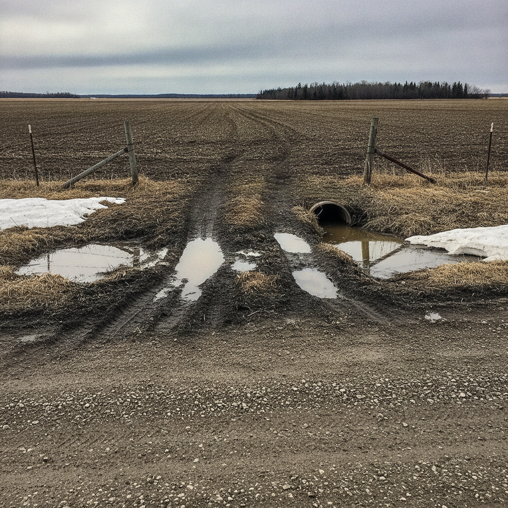 Deep muddy ruts on a thawing field approach in a Manitoba spring