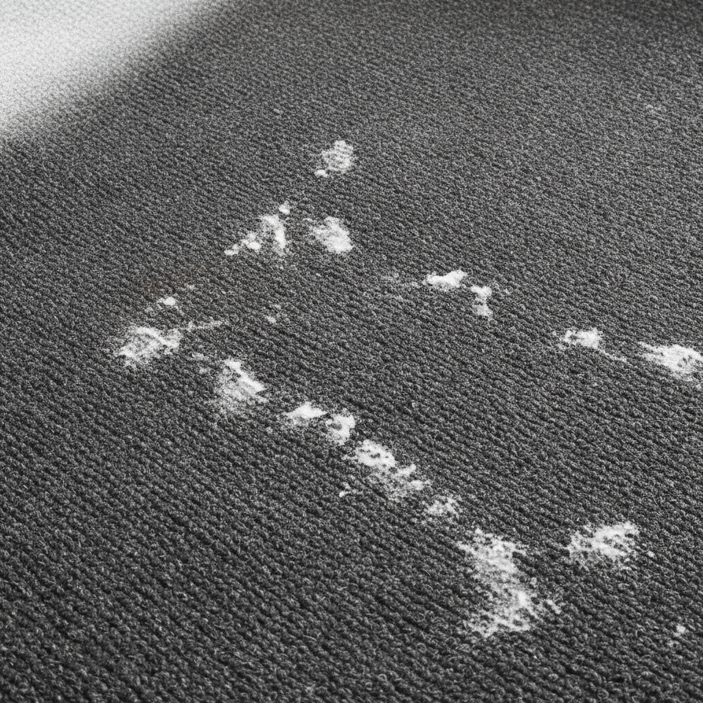 grey truck carpet with dried white road salt stains and tide lines