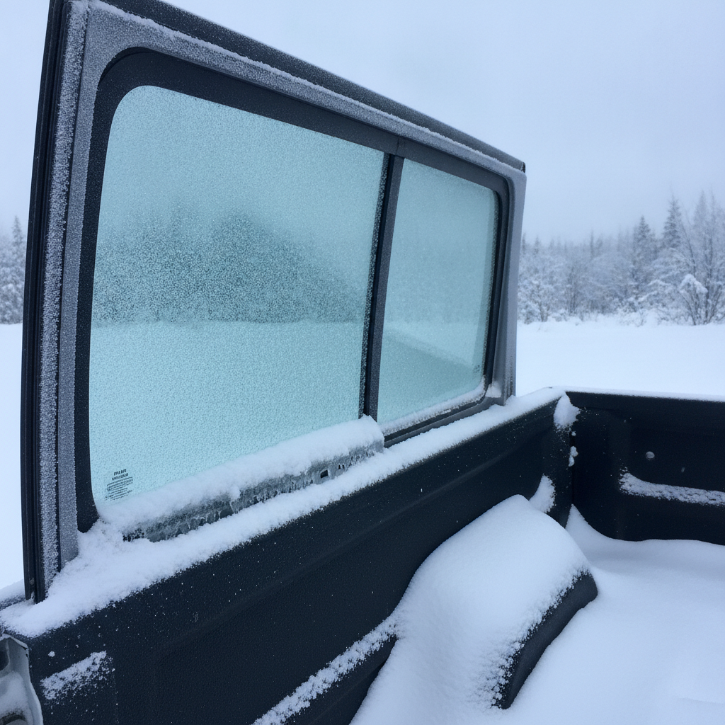 pickup sliding rear window with ice in the track on a winter morning