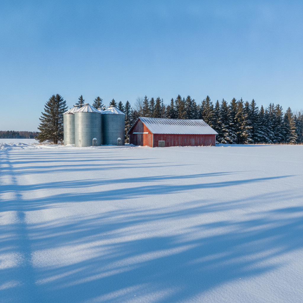 snowy Manitoba farmyard with a machine shed and grain bins in January