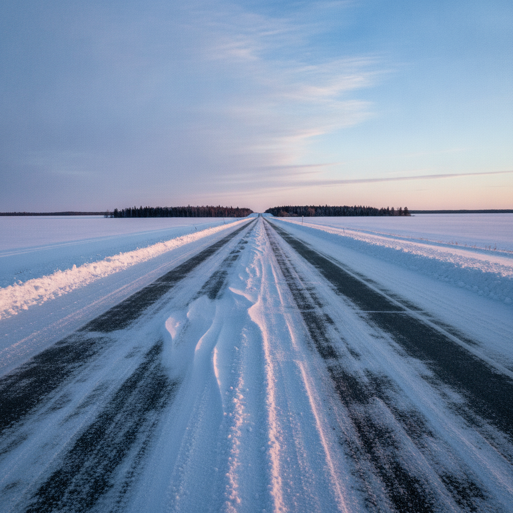 empty snowy two lane Manitoba highway at dawn in January with drifting snow
