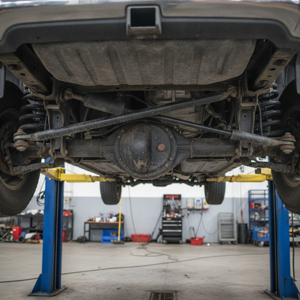 solid front axle steering linkage with tie rod and track bar seen from below on a hoist
