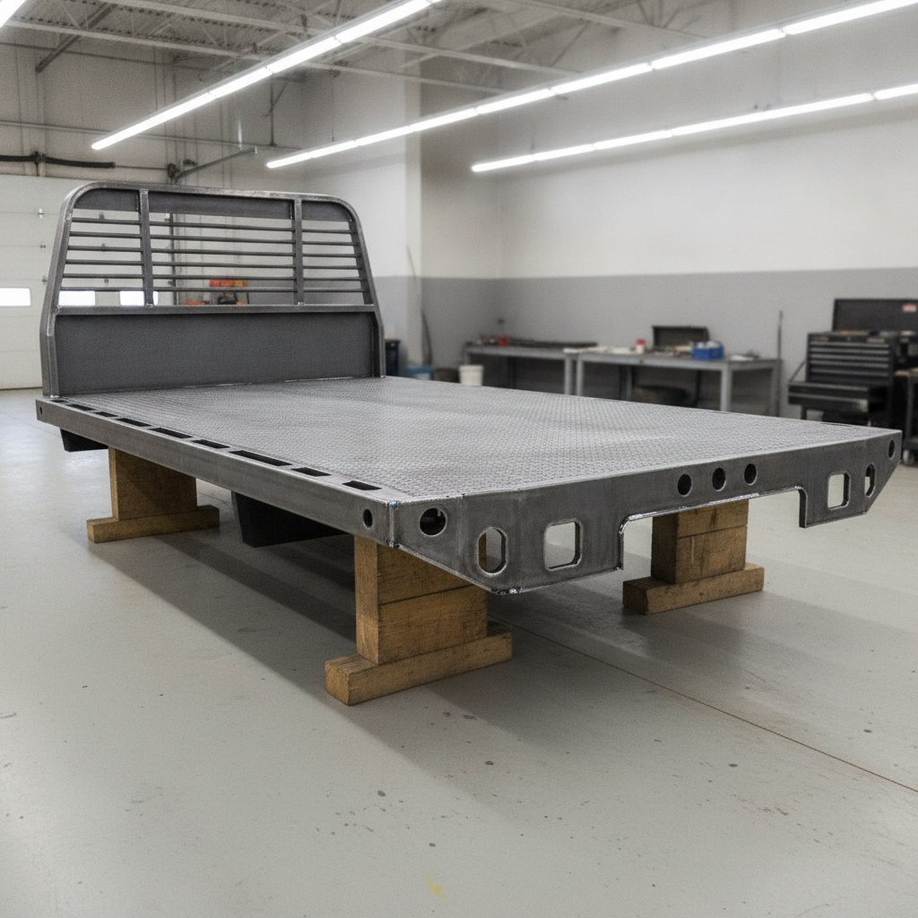 steel flatbed truck deck with headache rack on a shop floor