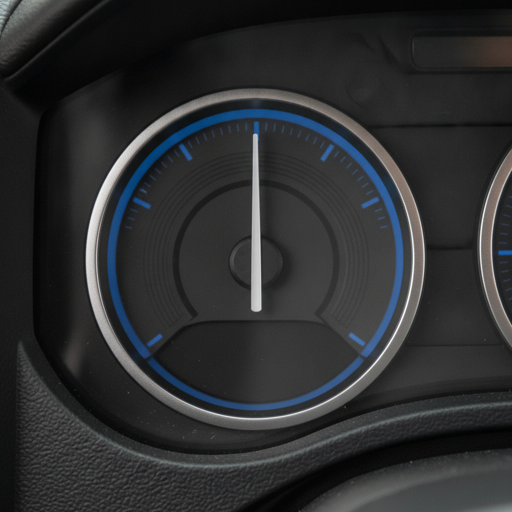 engine temperature gauge needle resting at its normal midpoint on a pickup dash