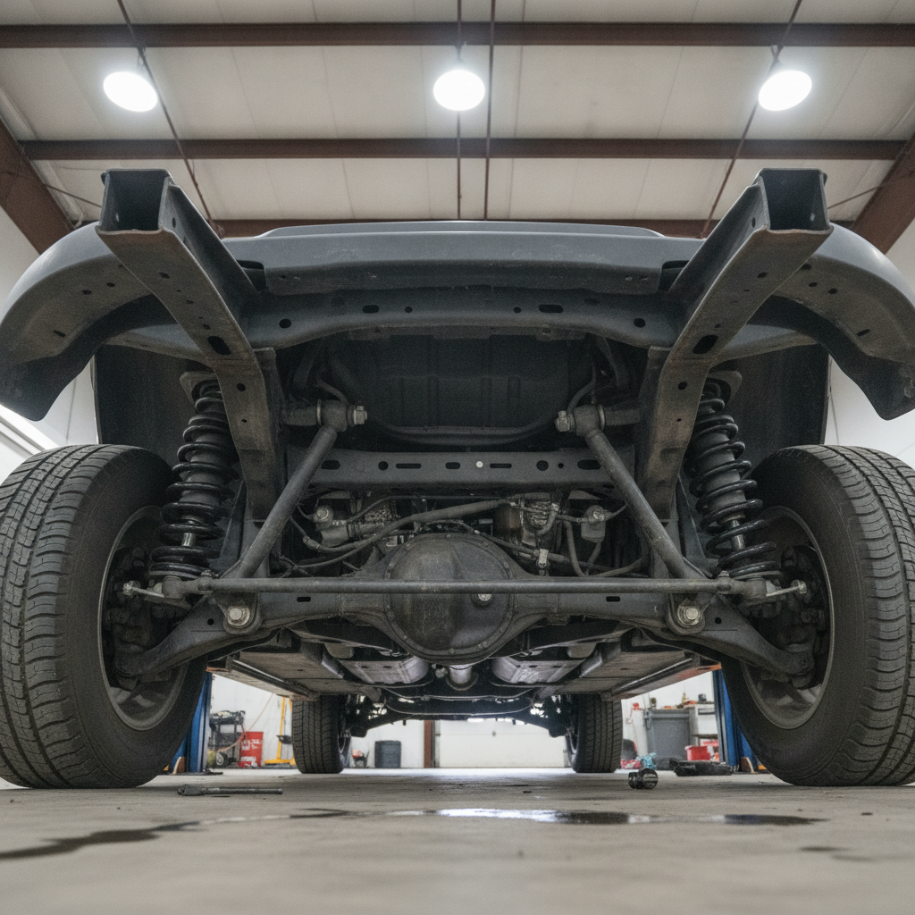 pickup truck front axle and steering linkage seen from below on a shop hoist