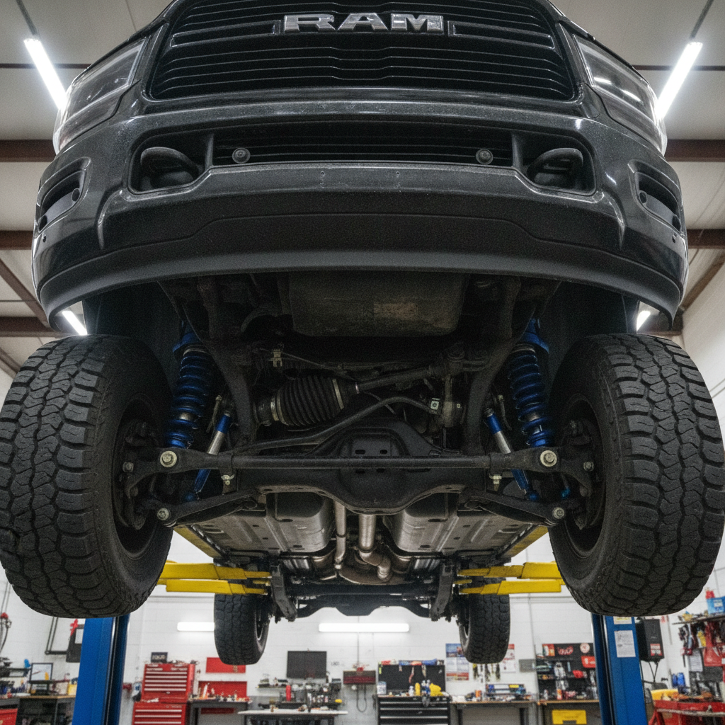 pickup truck front steering linkage and ball joints seen from below on a shop hoist