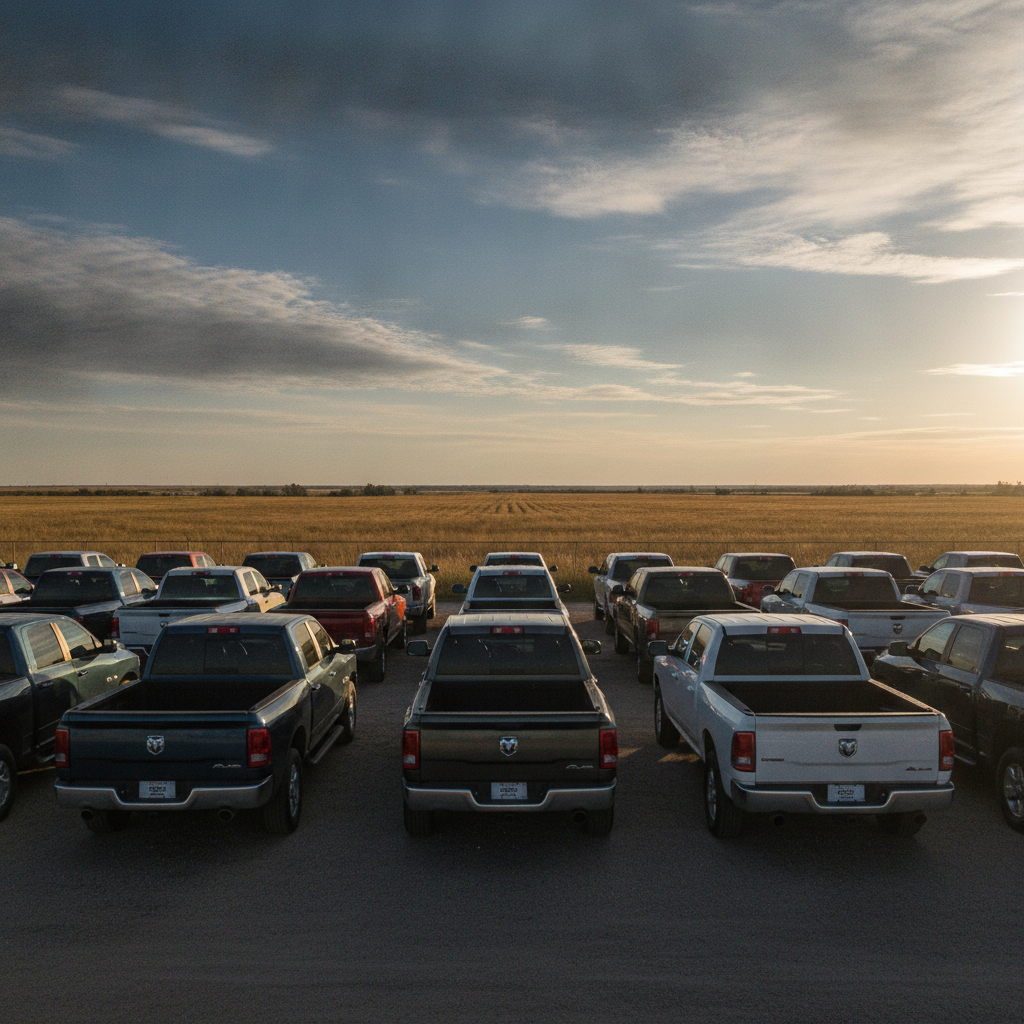used pickup lot at a prairie dealership on a bright October afternoon