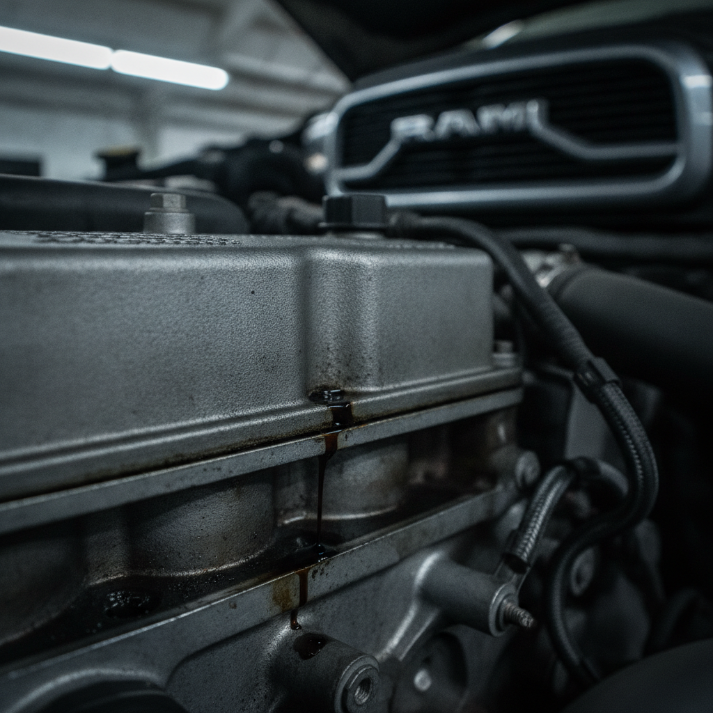 valve cover gasket seam on a truck engine wet with seeping oil