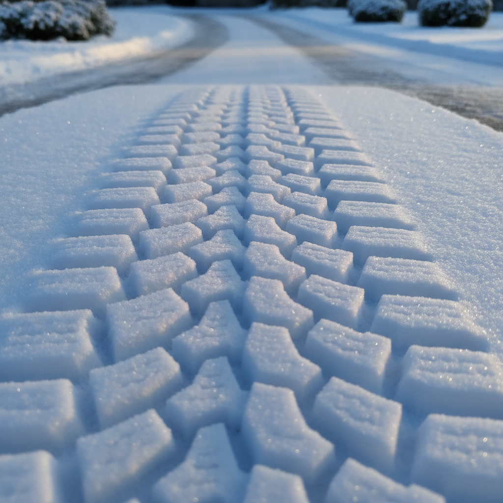 Winter tire tread pressed into fresh powder snow in morning light