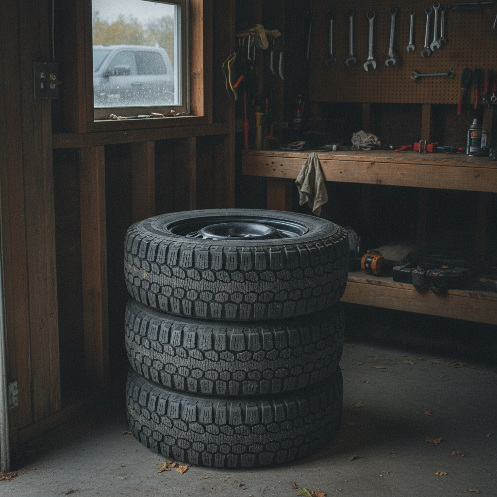 set of winter truck tires stacked in a Manitoba farm shop garage