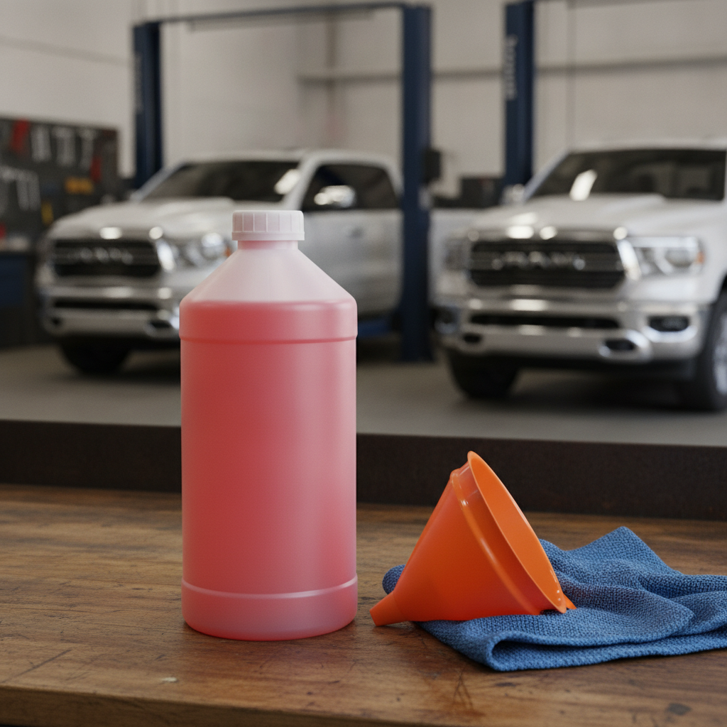 bottle of automatic transmission fluid and a funnel on a shop workbench