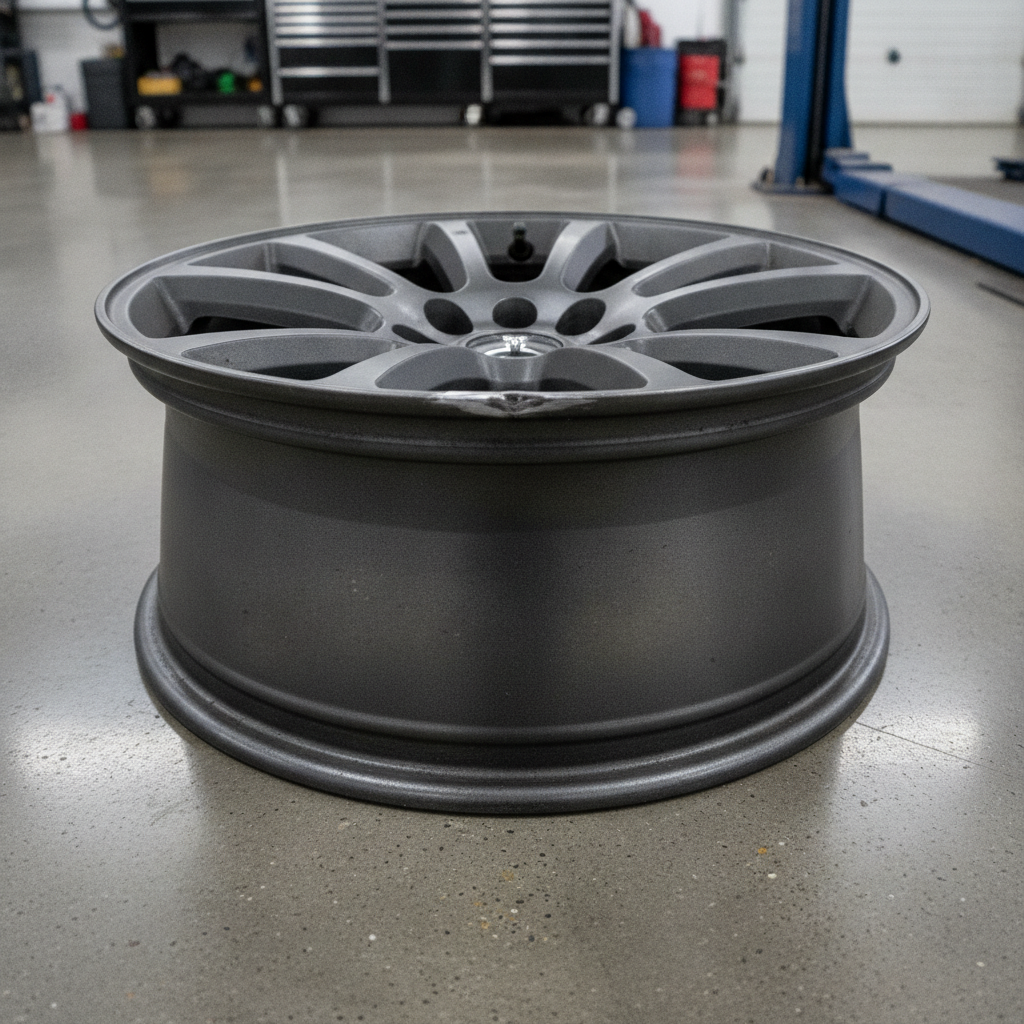 pickup alloy wheel with a bent outer rim lip on a service bay floor