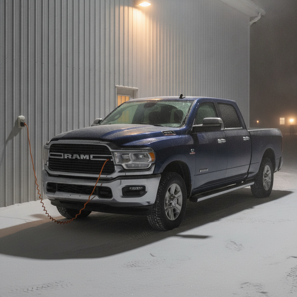 block heater cord plugged in on a heavy duty pickup at a Manitoba farm shop