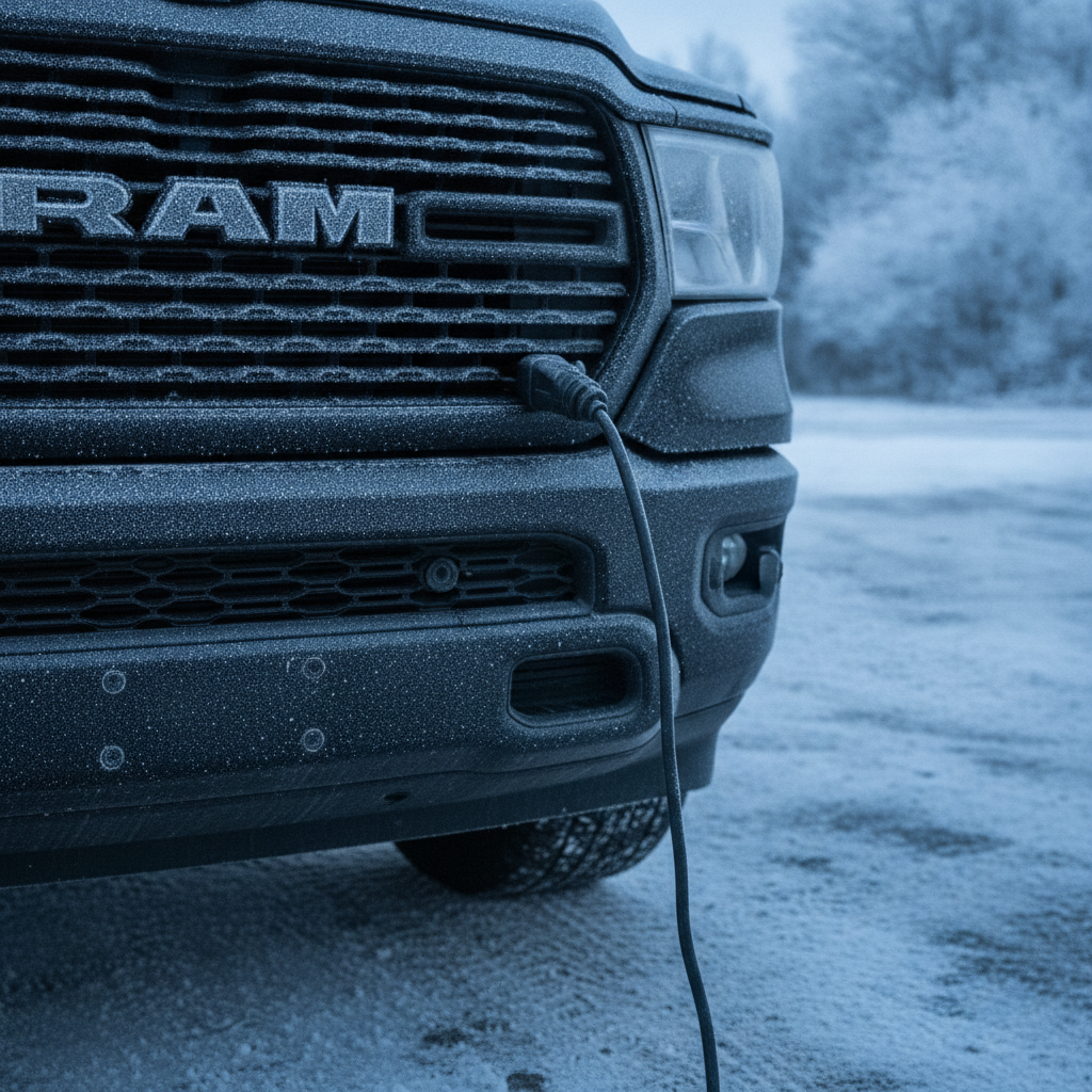 block heater cord plug at a frosty truck grille on a winter morning