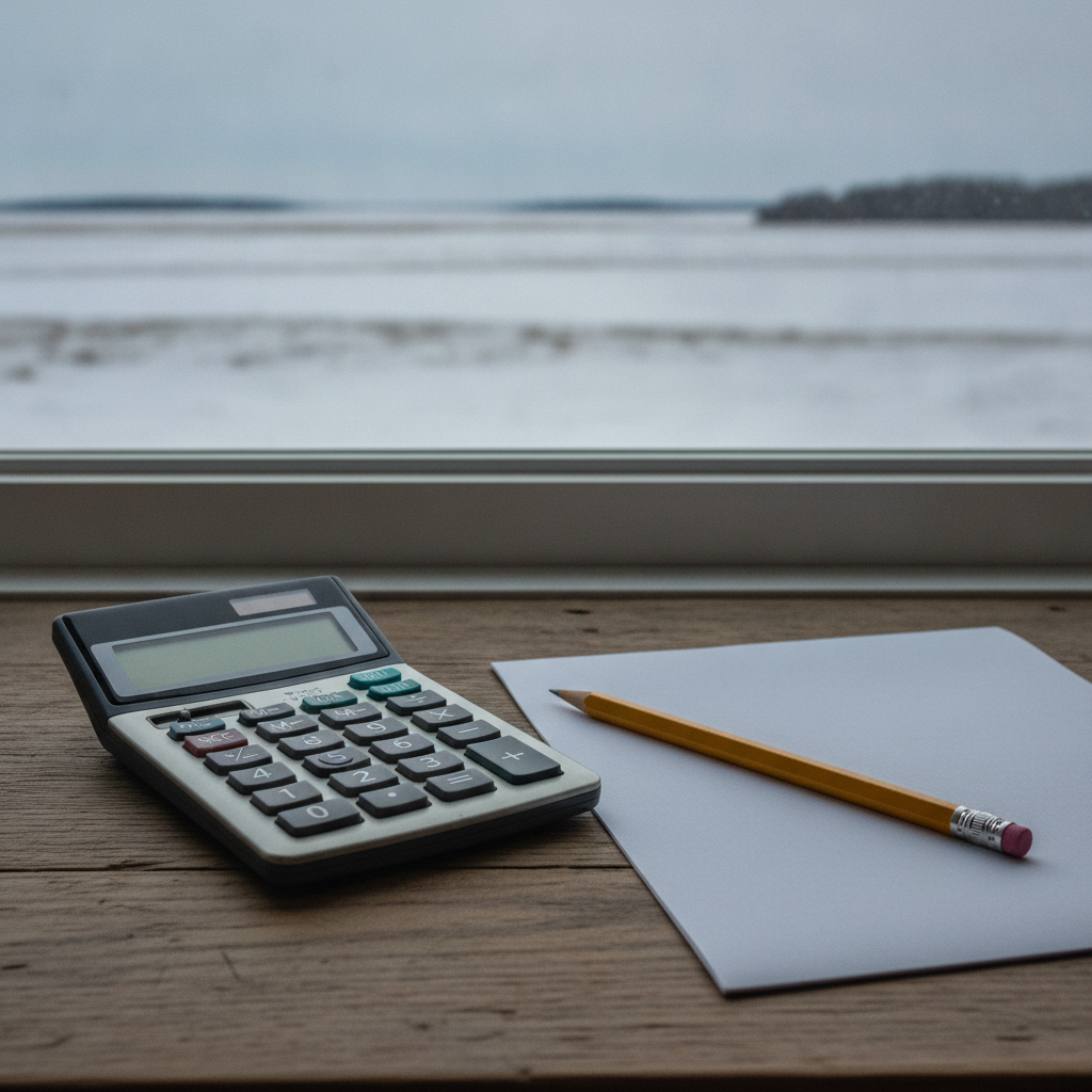 calculator and pencil on a desk by a window over a snowy Manitoba field