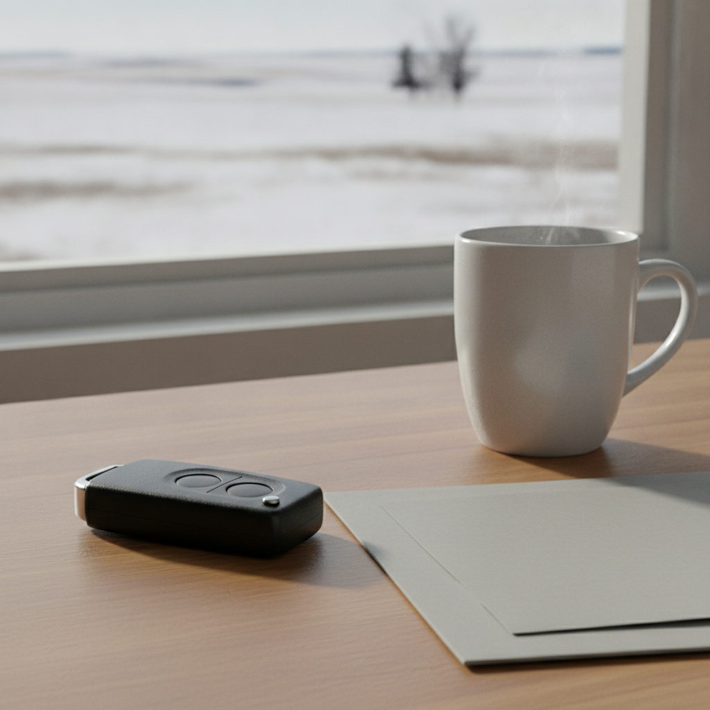 Vehicle key fob on a wooden desk beside a coffee mug and a folder