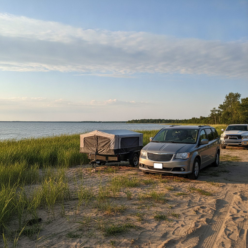 Chrysler Grand Caravan with a tent trailer at a Lake Manitoba campground in summer