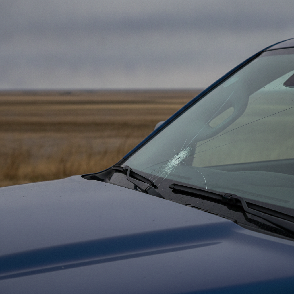 stone chip with long cracks spreading across a truck windshield