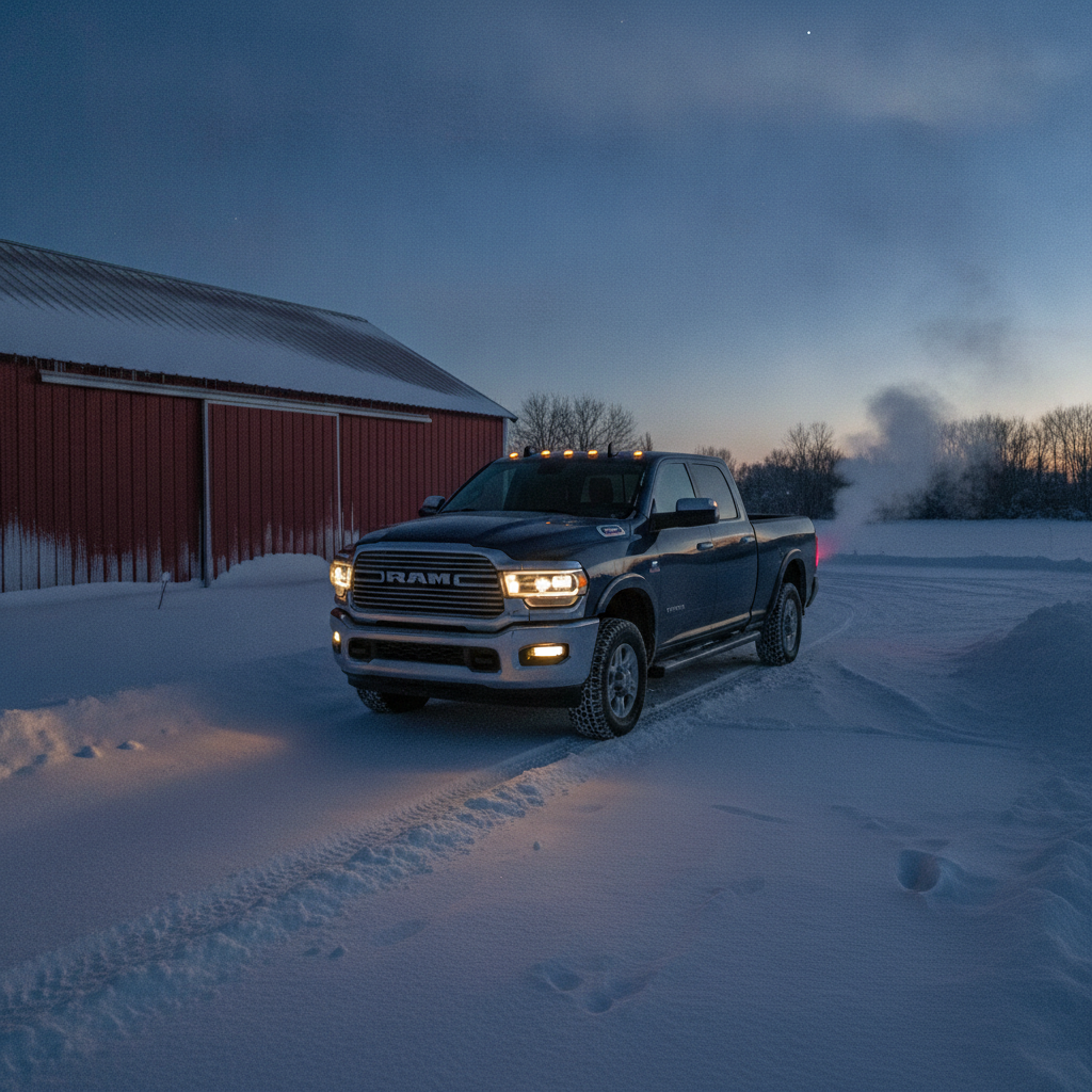 diesel pickup headlights glowing across a snowy farmyard before dawn after a cold start