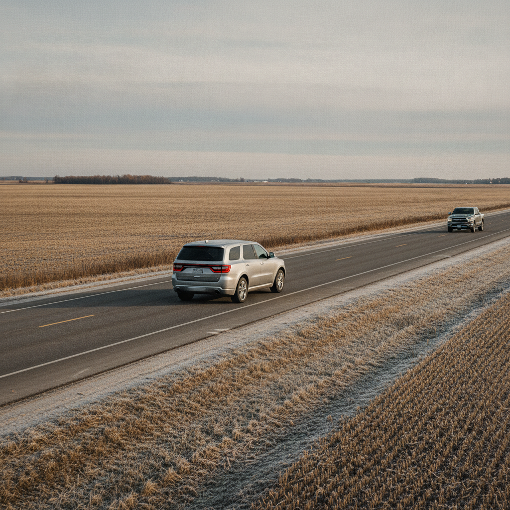 Dodge Durango on a Manitoba highway between Portage la Prairie and Winnipeg in late autumn